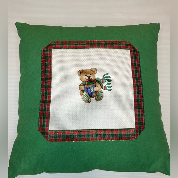 VTG Handmade Christmas Cross-stitch Bear Pillow Green and Red 13”X13” - Picture 1 of 5